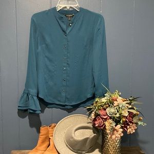Teal blouse with gold buttons and ruffle sleeves